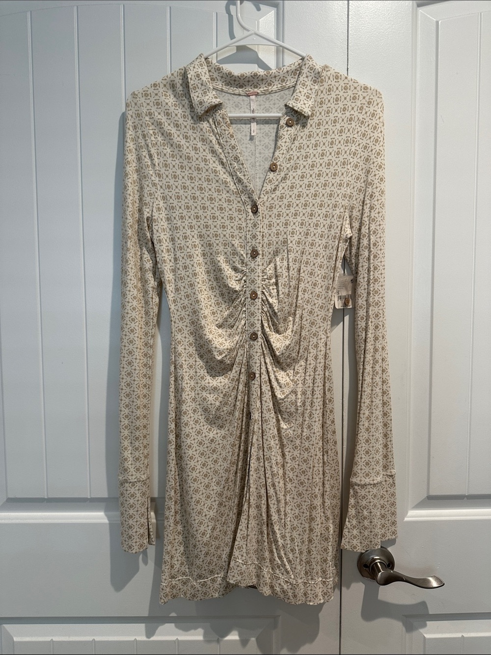 Free People Long Sleeve Ruched Front Dress in Beige Print